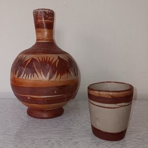 Vintage Handmade Rustic Mexican Clay Pottery Water Jug Decanter With Cup 8" Tall